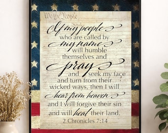 2 Chronicles 7:14 Wall Art Print | Patriotic Scripture Home Decor | Bible Verse | Christian | Scripture | Living Room | US Flag Poster