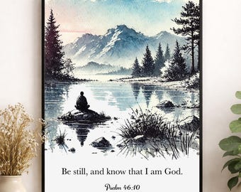 May include: A framed wall art print featuring a watercolor landscape of a person sitting on a rock in a lake, surrounded by pine trees and mountains under a soft sky. The text "Be still, and know that I am God. Psalm 46:10" is printed below.