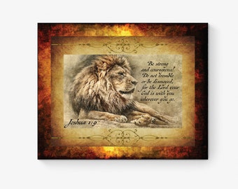 Be Strong And Courageous Art Print Joshua 1:9 Scripture Wall Home Decor Do Not Be Afraid Christian Home Living Room Majestic Lion Artwork