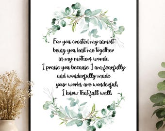Psalm 139:13-14 Bible Verse Art Print | Fearfully And Wonderfully Made | Nursery | Christian Home Decor | Scripture Artwork Poster