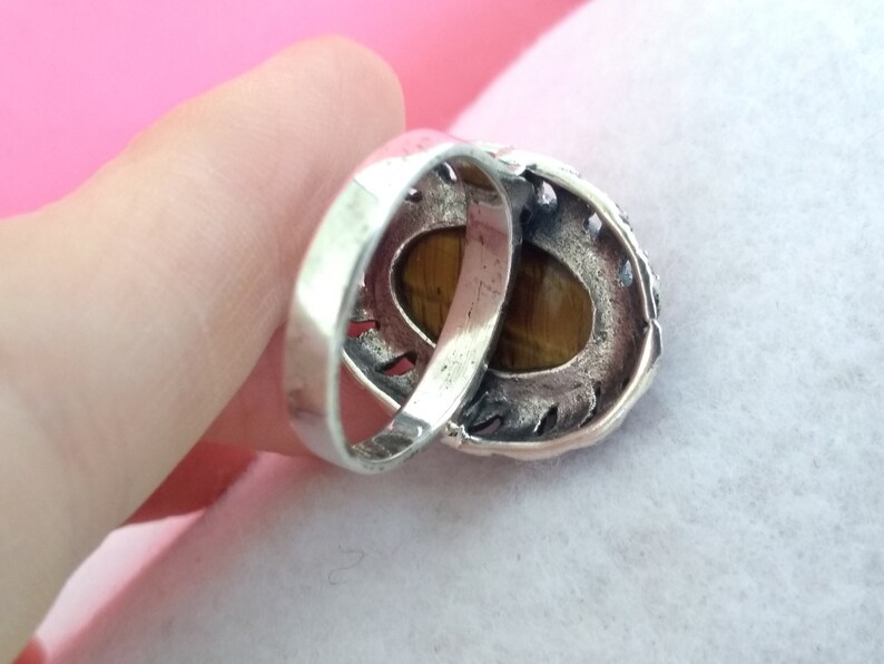 FREE Shipping Size 7 34 Large Bold Vintage Sterling Silver Brown Tiger/'s Eye Cat/'s Eye SCARAB Cocktail Statement Ring US