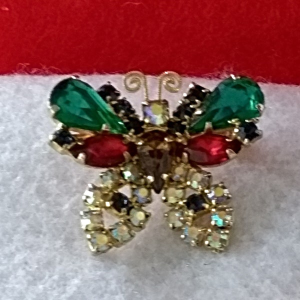 Vintage Verified JULIANA Butterfly Brooch, Red Green Clear Aurora Borealis AB Stones, Gold Tone