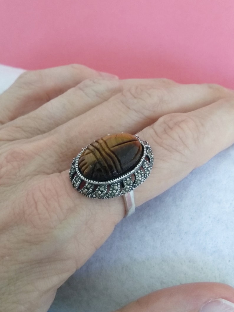 FREE Shipping Size 7 34 Large Bold Vintage Sterling Silver Brown Tiger/'s Eye Cat/'s Eye SCARAB Cocktail Statement Ring US
