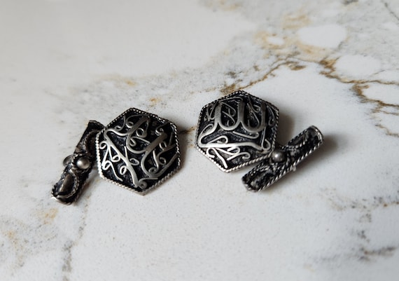 Antique Victorian Silver Cufflinks, late 1800s, F… - image 1