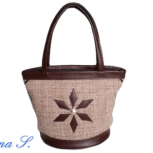 Sac à main, marron, beige, rivets, simili cuir, laine, vegan