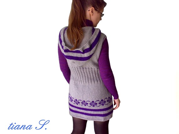 Knitted Dress With Hood, Sleeveless, Light Grey-violet, With Wool, Size S -  Etsy
