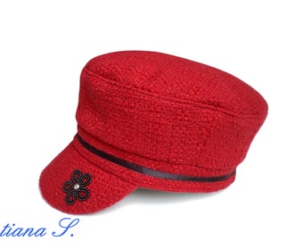 Beanie / Cap, Boucle red, Pearl Embroidery, Size 56 cm / 22''