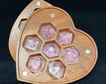 Heart Shaped Dice Case - Magnetized Storage Container - Fits 7 16mm RPG or D6 Dice- DnD Wood Dice Box