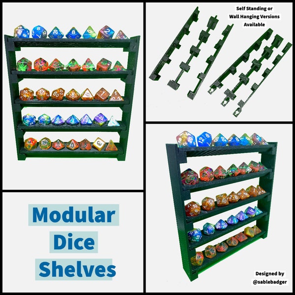 Vertical Display Shelves for Dice Collectors - Vertical or Wall - Dungeons and Dragons- 3D Printed Design by sablebadger