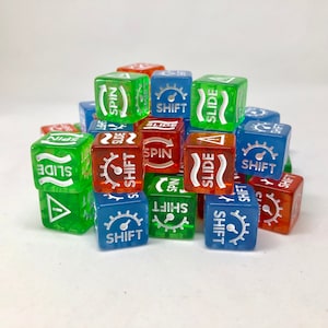 12x Gaslands Skid Dice - 12 Semi-Transparent dice - Shift / Slide / Hazard / Skid Dice 16mm - Miniatures Car Combat Wargame