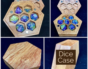 Hexagonal Dice Case - Magnetized Storage Container - Fits 7 16mm RPG or D6 Dice- DnD Wood Dice Box