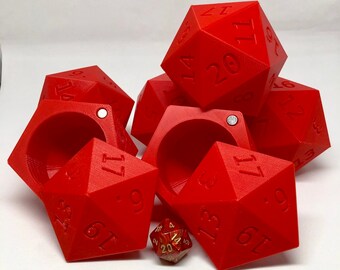 WHOLESALE : D20 Dice Case - Small - Magnetized - Six Pack - Storage Container -Fits 7 D6 - stocking stuffer - Giant D20 Die of Holding