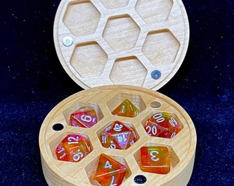Round Dice Case - Magnetized Storage Container - Fits 7 16mm RPG or D6 Dice- DnD Wood Dice Box