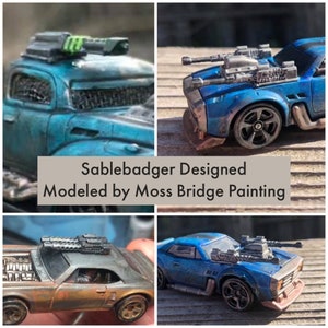 May include: A blue and rusty custom-painted toy car with a gun turret on the roof. The car is modeled by Moss Bridge Painting and designed by Sablebadger.