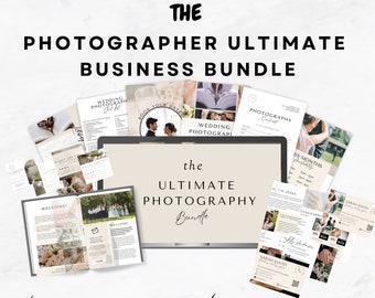 May include: A digital marketing bundle for photographers, featuring a laptop screen with the text "the ultimate photography bundle" and various printable templates, including Instagram posts, welcome guides, pricing guides, photography contracts, and shot lists.