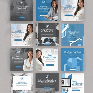 Può includere: Un collage di nove post di Instagram che promuovono servizi finanziari. Ogni post presenta un argomento diverso, come la strategia fiscale, la contabilità, l'assistenza per l'audit, l'importanza dei consulenti, il fondo di emergenza, la gestione del debito, le scadenze fiscali, i suggerimenti per il budget, la diversificazione, l'offerta di crescita aziendale e il webinar gratuito. I post sono progettati in uno stile moderno con schemi di colori blu e grigio.
