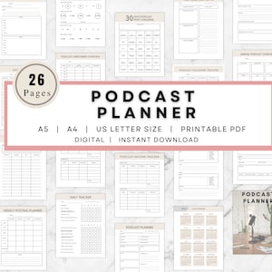 May include: A collection of printable PDF podcast planners with various layouts, including a weekly posting planner, daily tracker, and income tracker. The cover features the text "Podcast Planner" and details about the size and format.