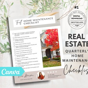 Peut inclure: Une liste de contrôle pour l'entretien de la maison en immobilier, sur le thème de l'automne. La liste de contrôle comprend des tâches telles que le scellement des fissures dans les fenêtres et les portes, le ratissage des feuilles, le nettoyage des tapis et l'inspection de la quincaillerie des portes extérieures. La liste de contrôle est intitulée "Liste de contrôle d'entretien de la maison d'automne" et est réalisée avec Canva.