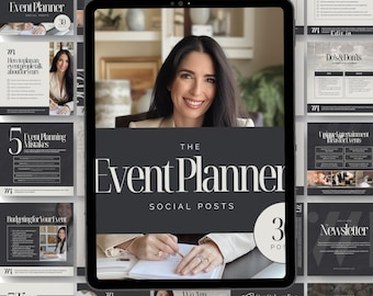 May include: A digital tablet displays a woman smiling, with the text "The Event Planner Social Posts" and "30 POS". Surrounding the tablet are various social media posts with event planning tips and advice.