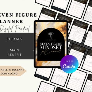 Miljonärsmindsetplanerare, sjusiffrig målplan, rik mindsetplanerare, pengamanifestationsplan, pengatänkande, redigerbar canvasmall