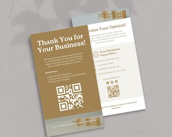 Canva Template QR Code Review Business Card, DIY Scannable Thank You Card, Leave Us A Review Business Card