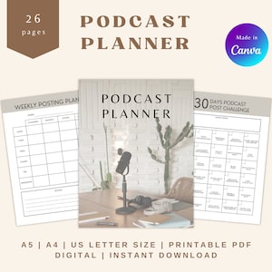 May include: A printable podcast planner with 26 pages. The planner includes a weekly posting plan, a 30-day podcast post challenge, and a section for notes. The planner is designed to help podcasters plan and track their content.