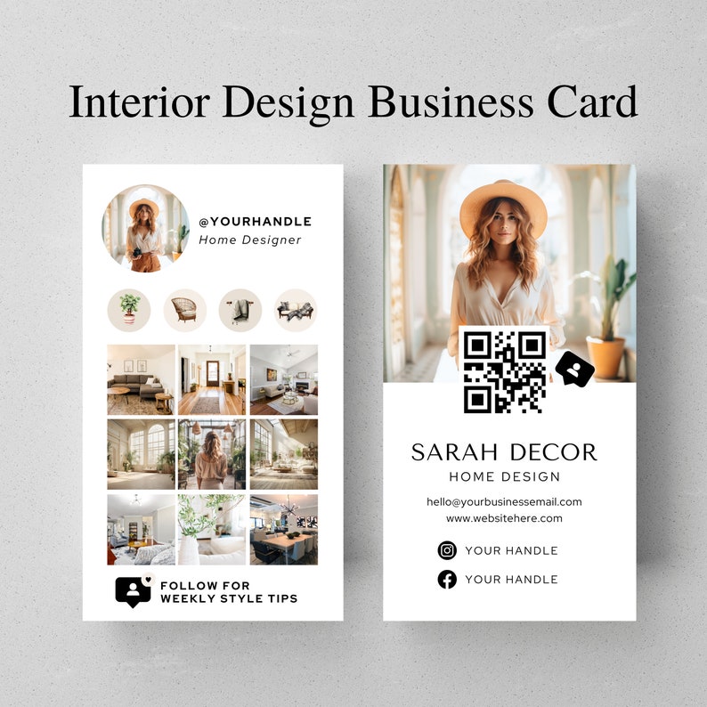 Interior designer business card home decor Instagram marketing card QR Code Social Media branding Template Editable Canva Business Card