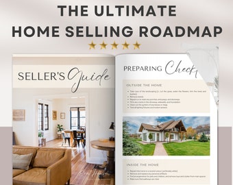 May include: A guide for home sellers with a checklist of things to do before listing a home. The checklist includes preparing the outside and inside of the home. The guide includes a photo of a living room with a couch, coffee table, and dining table. The guide also includes a photo of a house with a front yard.