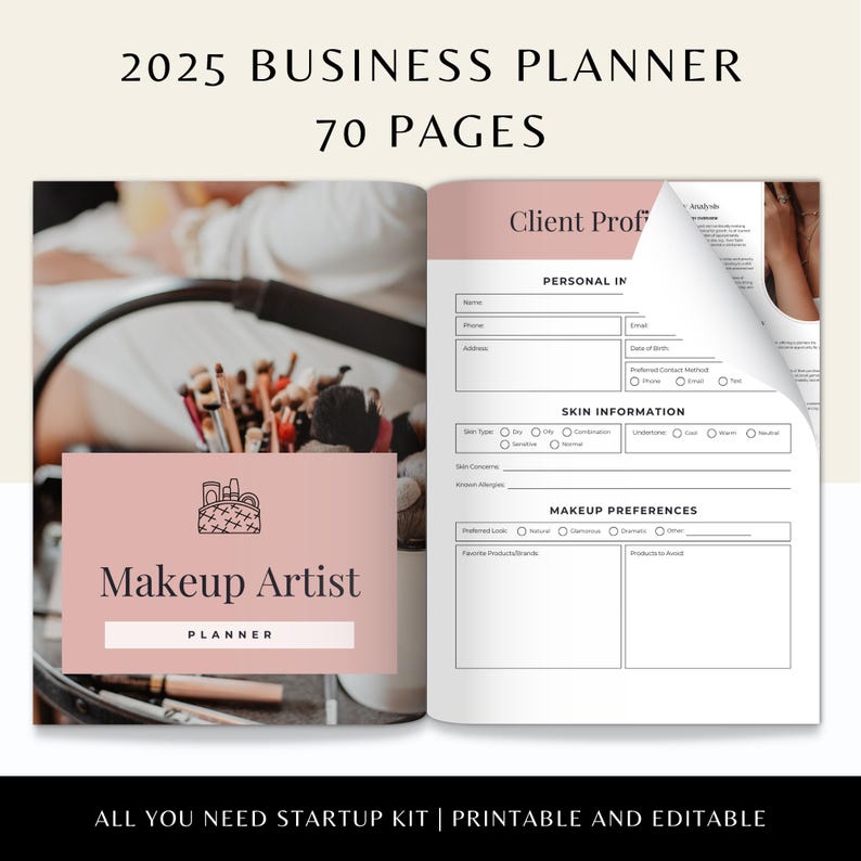 Peut inclure: Un planificateur rose et blanc avec le texte "Makeup Artist Planner" et "2025 Business Planner 70 Pages" sur la couverture. Le planificateur comprend une page de profil client avec des sections pour les informations personnelles, les informations sur la peau et les pr&eacute;f&eacute;rences de maquillage.