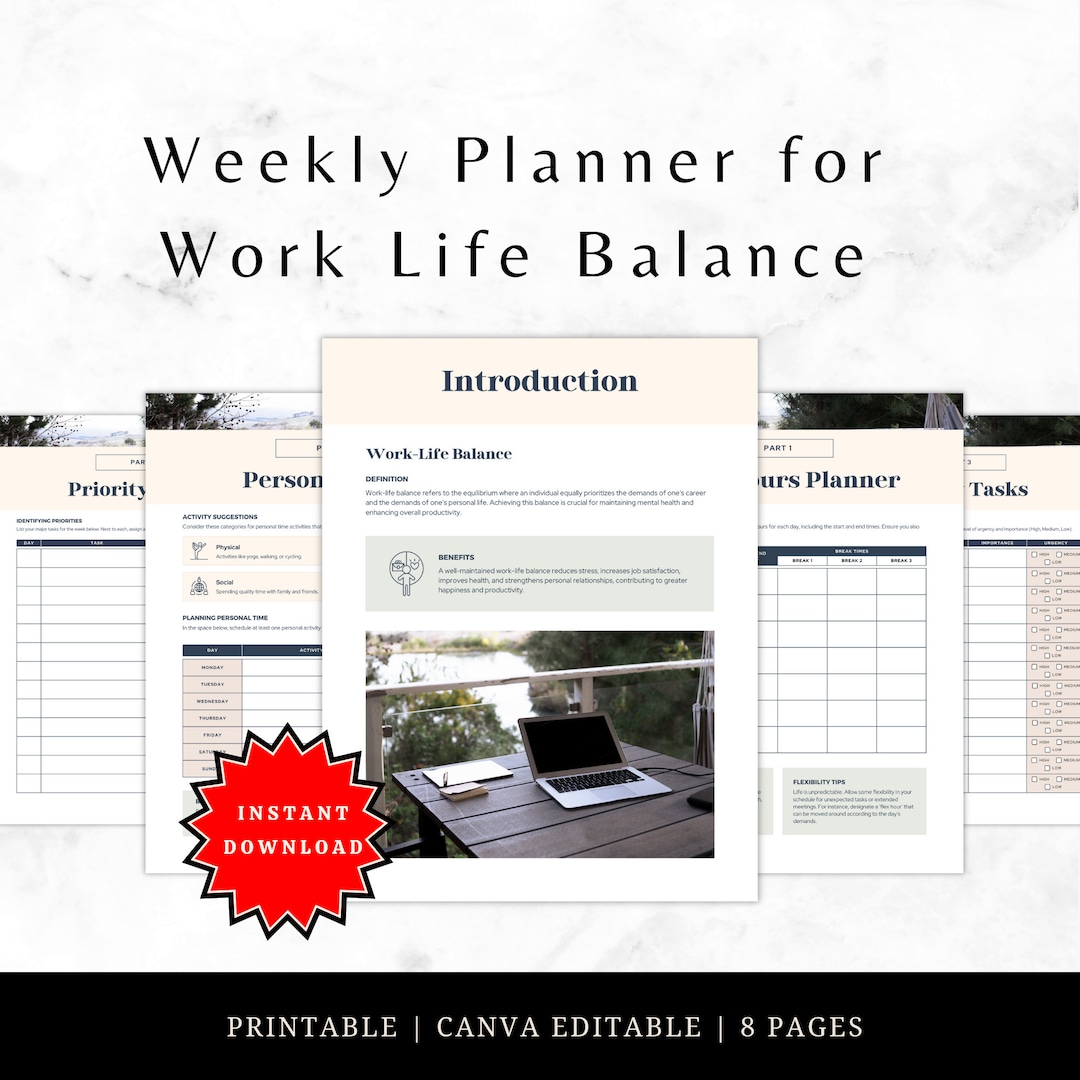 Weekly Planner for Work Life Balance, Weekly Worksheet Schedule, Daily ...
