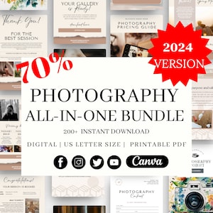 Plus de 200 ensembles de photographies sur toile, téléchargement immédiat, guide de bienvenue sur la photographie, modèle de tarification du photographe, modèles de réseaux sociaux