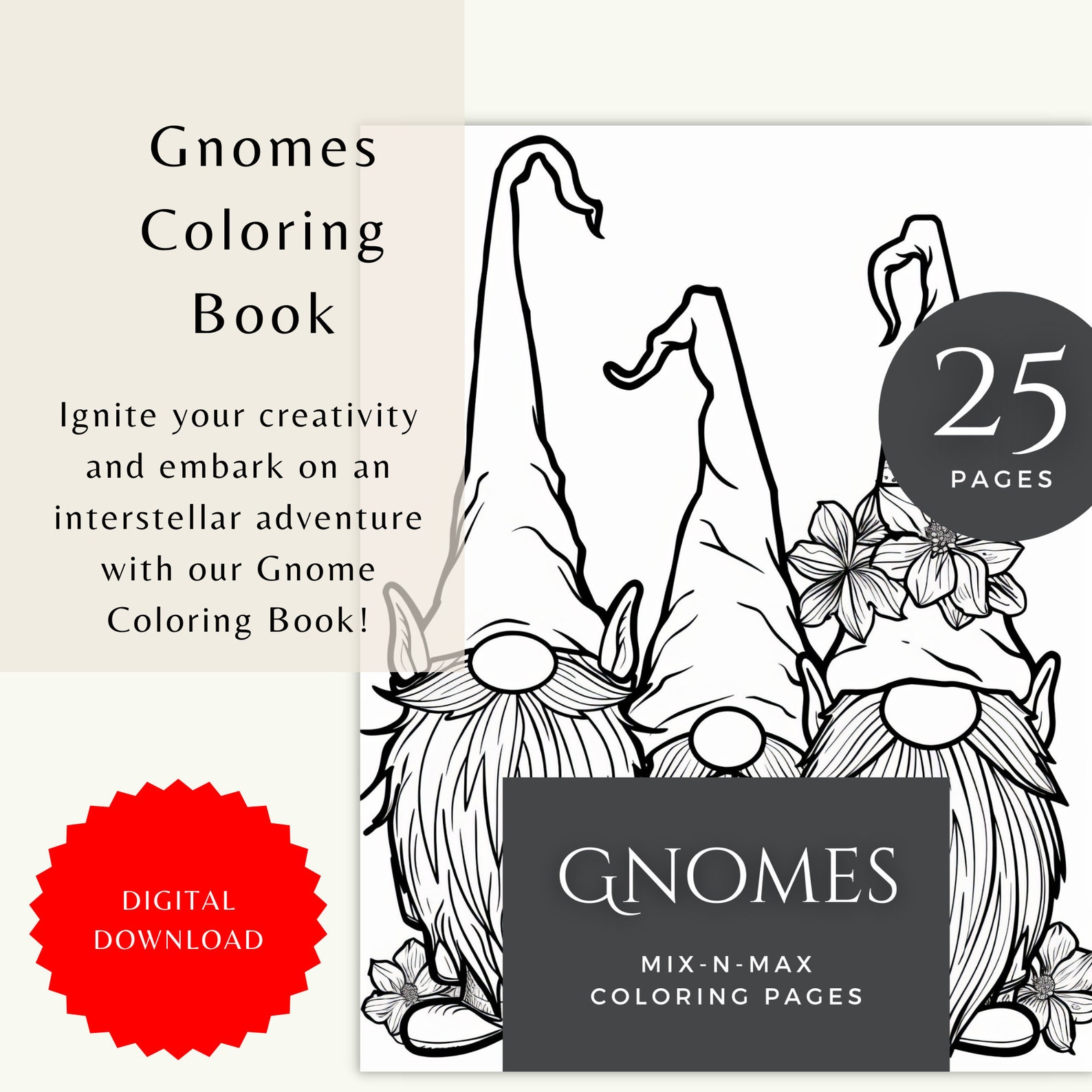 Gnomes Coloring Book, Garden Gnome Coloring Pages, Adult Coloring Book