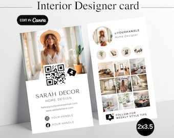 Interior designer business card home decor Instagram marketing card QR Code Social Media branding Template Editable Canva Business Card