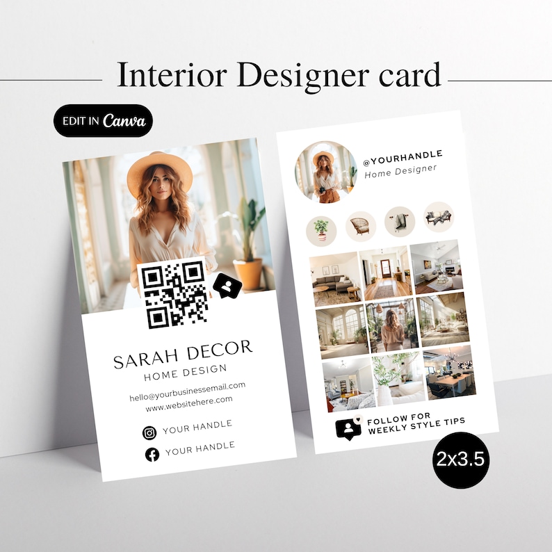 Interior designer business card home decor Instagram marketing card QR Code Social Media branding Template Editable Canva Business Card