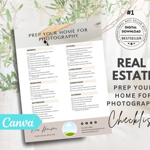 Peut inclure: Une liste de contrôle pour préparer une maison pour la photographie immobilière. La liste de contrôle est divisée en catégories : Général, Cuisine, Chambres, Salles de bain, Salon, Salle à manger et Extérieur. La liste de contrôle est conçue pour aider les propriétaires à préparer leur maison pour des photographies professionnelles.