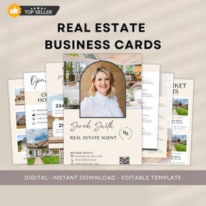 May include: A digital template for real estate business cards featuring a photo of a woman in a white shirt, the text "Sarah Smith Real Estate Agent", and a logo with the letters "BR". The template also includes contact information, a QR code, and a background image of a house.