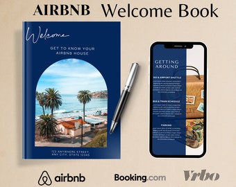 Księga powitalna Airbnb Księga gości wynajmu krótkoterminowego Księga gości wynajmu wakacyjnego Vrbo Księga gości wynajmujących Przewodnik gospodarza Airbnb Podręcznik domowy Edytowalny szablon Canva