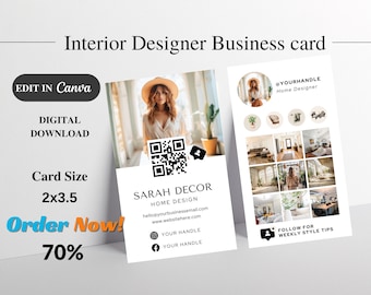Editable Canva Business Card Template: Interior Designer, Home Decor, Instagram Marketing, QR Code, Social Media Branding