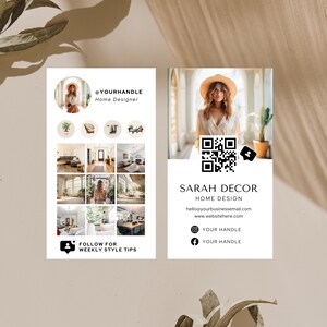 Interior designer business card home decor Instagram marketing card QR Code Social Media branding Template Editable Canva Business Card