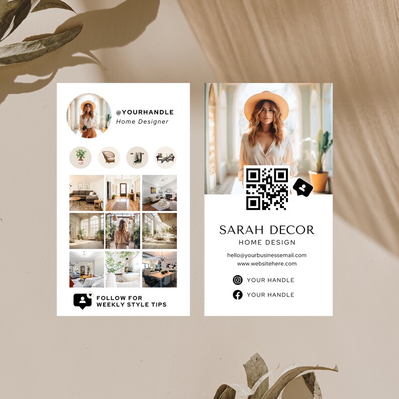 Interior designer business card home decor Instagram marketing card QR Code Social Media branding Template Editable Canva Business Card