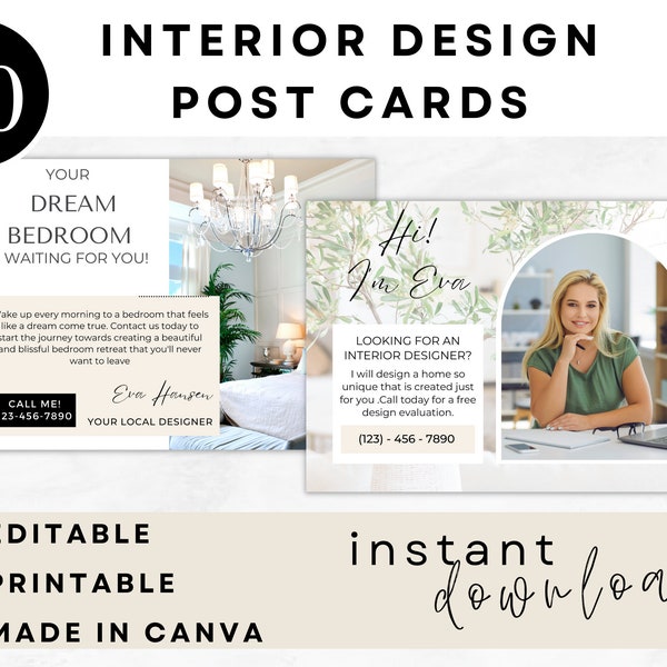 Interior designer Post Cards interior Design Marketing business cards Home Decor Marketing Home Design Service Editable in Canva E-Design