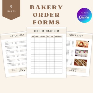 May include: Printable bakery order forms with a price list and order tracker. The price list includes cakes, cupcakes, cookies, pies, mousse, and cheesecakes. The order tracker has columns for date, order, customer, quantity, item, and shipping date.
