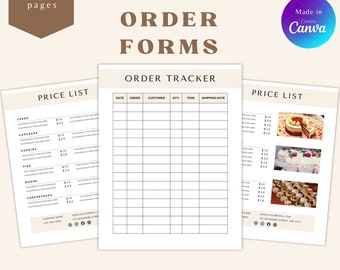 May include: Printable bakery order forms with a price list and order tracker. The price list includes cakes, cupcakes, cookies, pies, mousse, and cheesecakes. The order tracker has columns for date, order, customer, quantity, item, and shipping date.