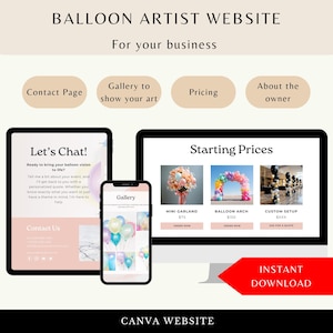 May include: A digital marketing graphic for a balloon artist's website. The design features a tablet, phone, and computer displaying website mockups. The website showcases a gallery, contact page, and pricing. The text includes "Balloon Artist Website" and "Instant Download."