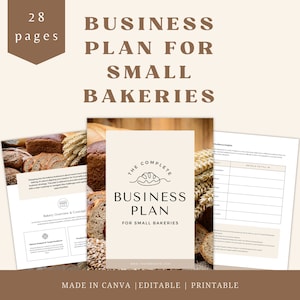 Modelo de plano de negócios de padaria rústico de 28 páginas, Canva editável, plano de pequena confeitaria, download instantâneo