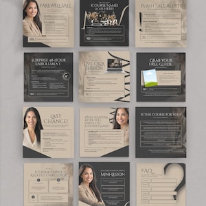 Puede incluir: Una serie de nueve publicaciones en redes sociales para promocionar un curso en línea. Las publicaciones presentan a una mujer con un atuendo profesional e incluyen texto como "Venta de despedida", "Inscripción sorpresa de 48 horas", "Sesión de preguntas y respuestas en vivo", "Obtén tu guía gratuita", "Última oportunidad", "¿Qué sucede después de inscribirte en [Nombre del curso] ?", "¿Este curso es para ti?", "Desafío relacionado con el tema del curso", "Minilección" y "Preguntas frecuentes".