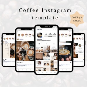 May include: A collection of Instagram story templates for a coffee shop. The templates feature images of coffee, coffee cups, and text about coffee. The text includes "Happy Hour", "Enjoy 30% off Latte", "Today's Special", "Grand Opening", "Free Delivery", "Benefits of Coffee", "Time for That", "Coffee Enticements", "April Specials", and "Coffee Shops Near Me".