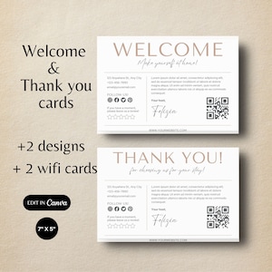 Cartão de boas-vindas do Airbnb Cartão de agradecimento VRBO Visitante Saudação Informações sobre aluguel de casa Pôster Wifi Modelo Canva editável para impressão personalizado