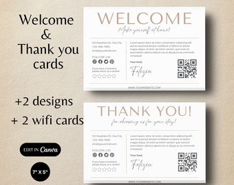 Biglietto di benvenuto per gli ospiti di Airbnb Biglietto di ringraziamento Saluto per i visitatori VRBO Informazioni sull'affitto della casa Poster Wi-Fi Modello Canva modificabile Stampabile personalizzato