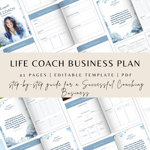 Pode incluir: Um modelo de plano de negócios azul e branco para coaches de vida. A capa apresenta uma citação sobre confiar em suas próprias asas. O texto na capa diz "The Complete Life Coach Business Plan, 41 Pages | Editable Template | PDF, Step-by-step guide for a Successful Coaching Business."